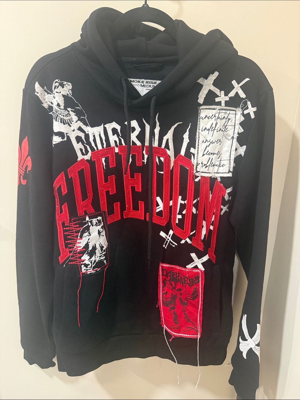 Smoke Rise “Eternal Freedom” Graphic Black Hoodie with Red Appliqué